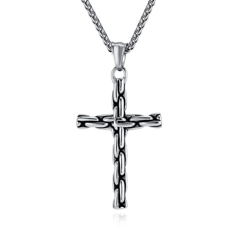 Collana con croce in acciaio inossidabile punk retrò, stile freddo, senza genere, ciondolo a catena in acciaio al titanio_voghion.com
