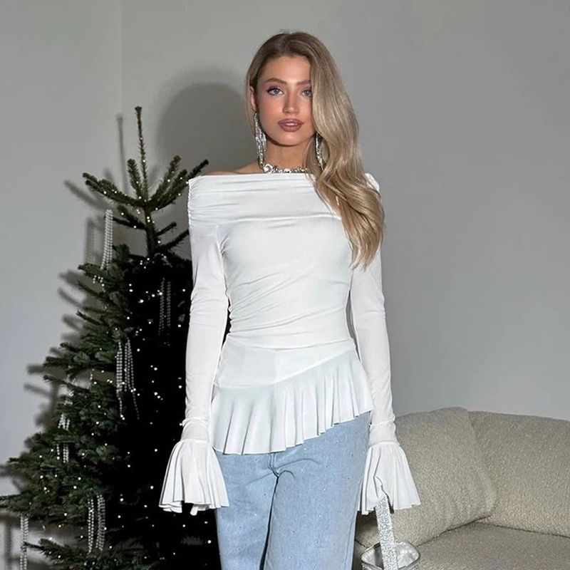 2025 Neues Damen-Top High End One Collar Langarm-Rüschen-Abnehmen-T-Shirt_voghion.com