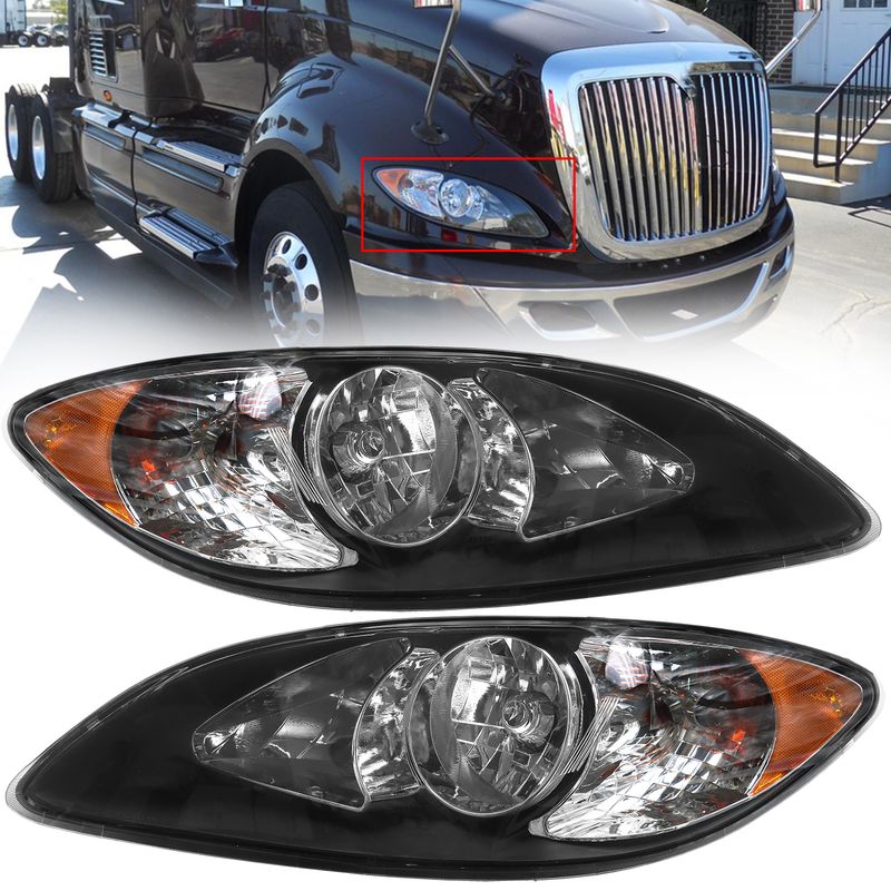 Headlights Assembly Fit For 2008-2016 International ProStar,Halogen Headlamps Assembly, Driver And Passenger Side(Black)_voghion.com