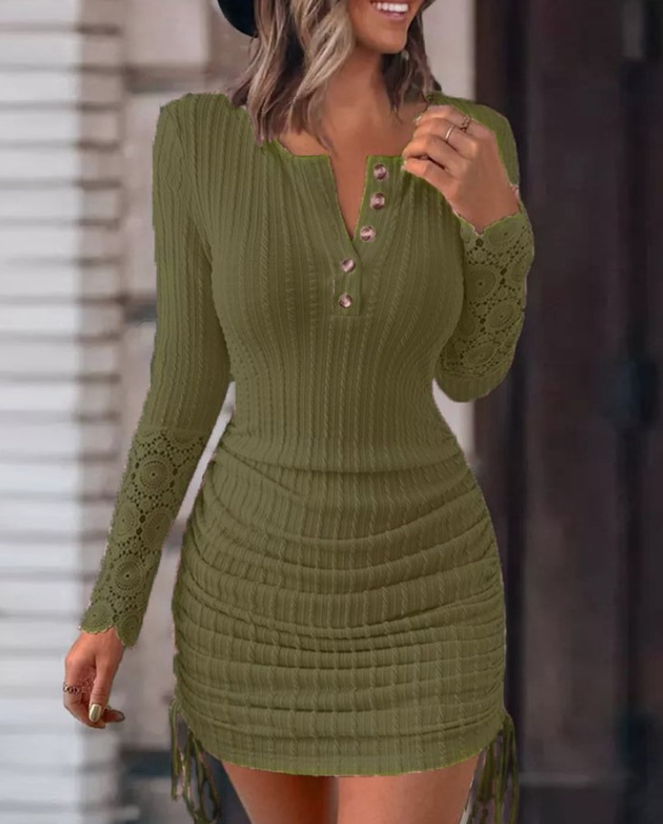 Damenmode Rundhals offene Röhre Spitze Langarm freie Längeneinstellung sexy Etuikleid_voghion.com