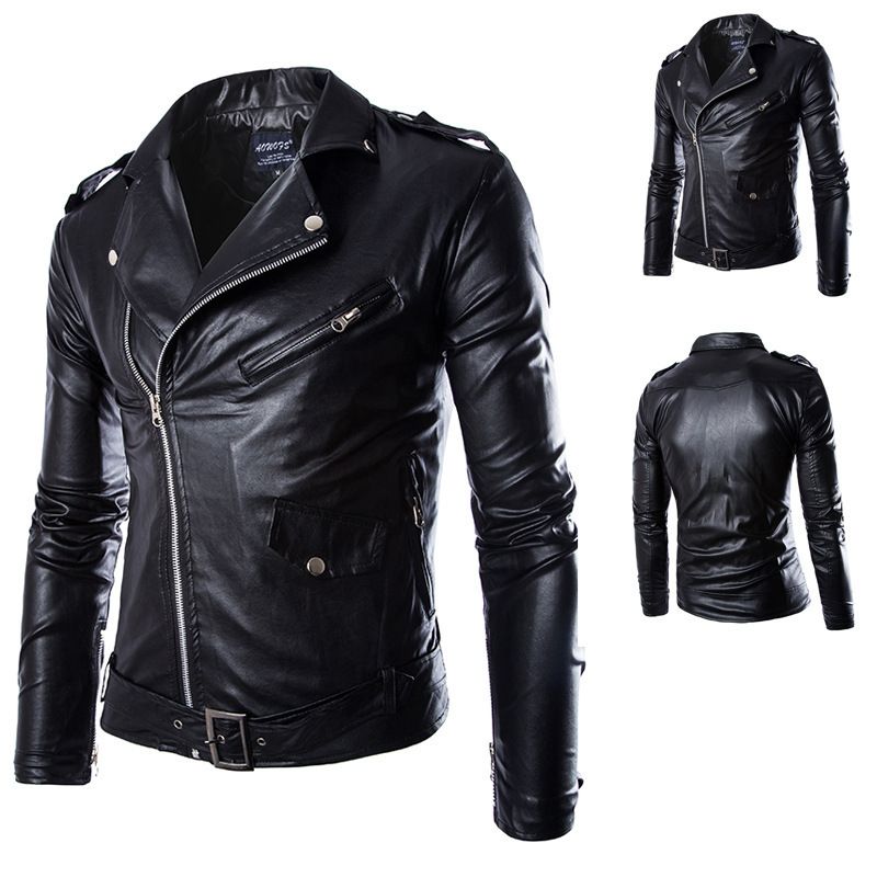 Mauroicardi Frühling Coole Schwarze Leder Bikerjacke Herren Reißverschluss Langarm Gürtel Herbst Weiche Lederjacken für Männer_voghion.com