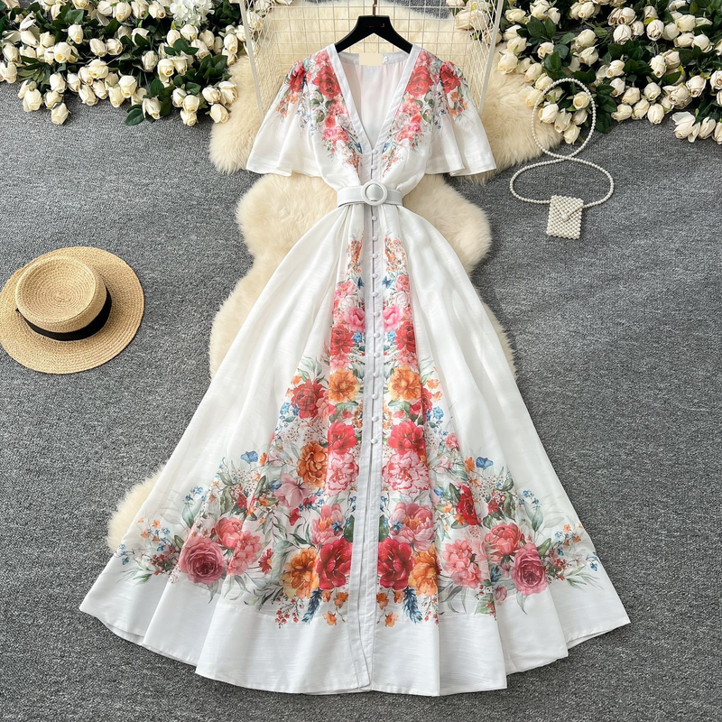 Rochie elegantă de vacanță cu imprimeu floral, cu decolteu adânc în V, cu un singur rând de nasturi, cu mâneci lungi, talie largă, leagăn_voghion.com