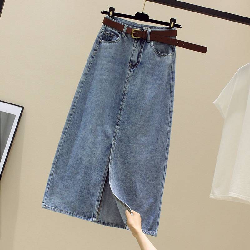 "Hoge taille denim rok met zijsplit - Retro lichtblauwe stretch jeans kokerrok voor dames, middellange, slanke zomerrok"_voghion.com