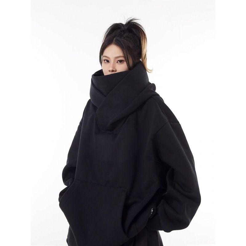 Urban Streetwear Hooded Fleece Sweatshirt - High Neck Unisex Oversized Pullover With Functional Pockets, Winter Thermal Loungewear For Men & Women_voghion.com