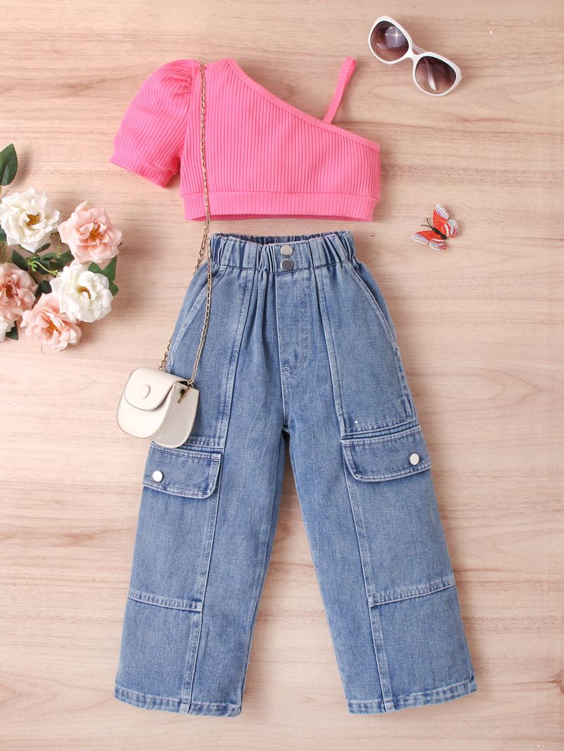 Mother & Kids Children's Clothing Girls Summer Ribbed Solid Color Short Sleeved Off Shoulder Pullover Multi Button Denim Trousers Two Piece Set_voghion.com