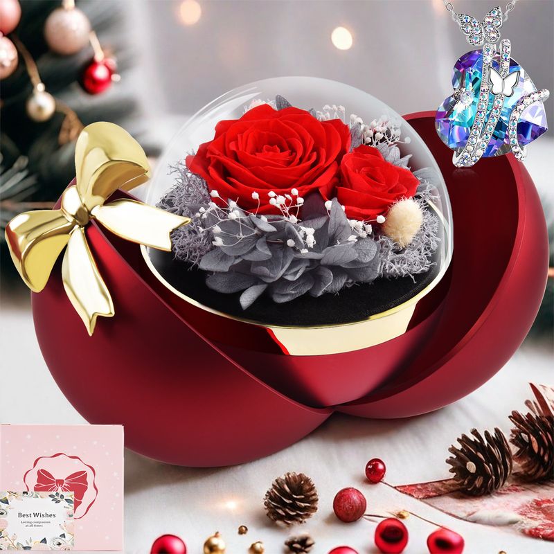 Preserved Flower Necklace Gift Box - Acrylic Spherical Double Doors | Bow-Designed Heart Of The Ocean Necklace | Romantic Valentine's Day Gift_voghion.com