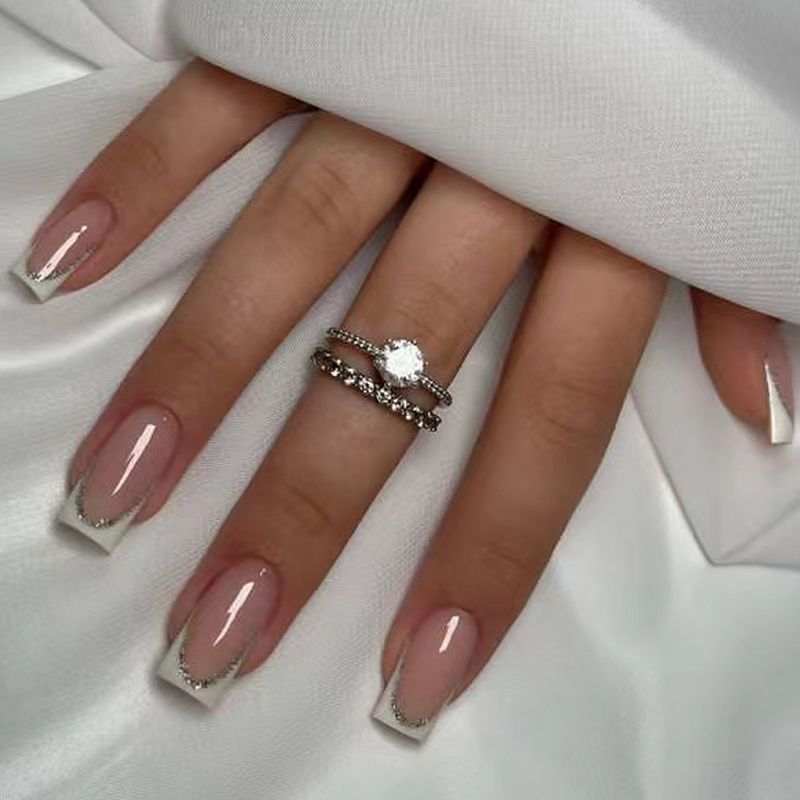 Lot de 24 faux ongles carrés à pression, longueur moyenne, pointe française blanche avec paillettes - Kit de faux ongles réutilisables avec colle et lime_voghion.com
