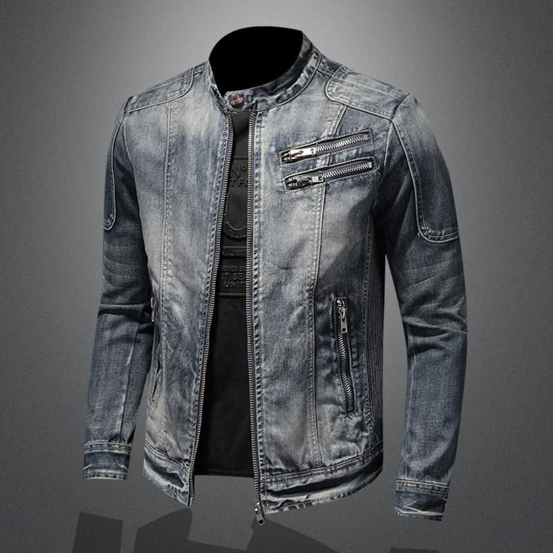 Herren Jeansjacke Europäische und amerikanische Casual Retro Große Größe Stehkragen Reißverschlussjacke Fahrrad Motorradbekleidung Trend_voghion.com