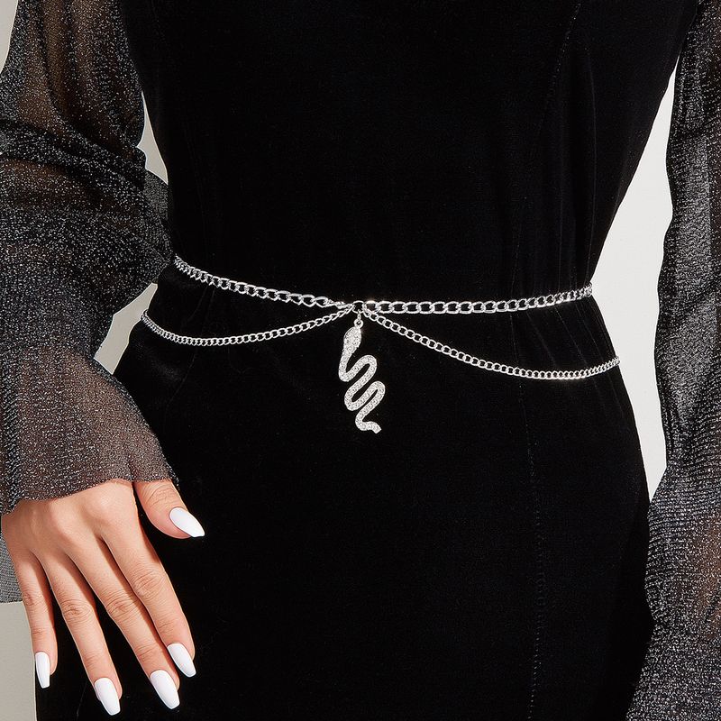 MW3220 European and American waist chain rhinestone inlaid snake-shaped zodiac snake pendant double side swing chain waist chain waist decoration_voghion.com