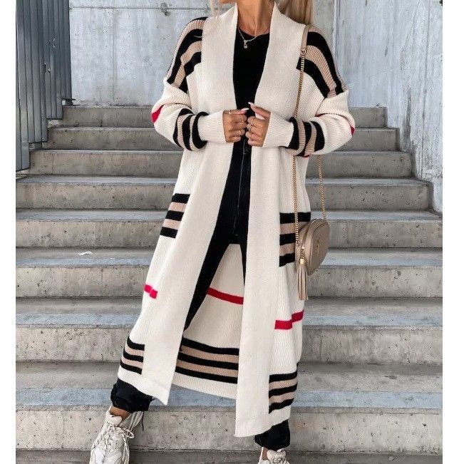 Women's Clothing long striped sweater cardigan loose large version sweater jacket_voghion.com