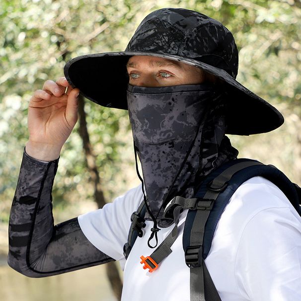 Set maschera viso con protezione UV e cappello a tesa larga - Copricollo in seta ghiacciata rinfrescante con maniche (protezione solare UPF50+ per uomo)_voghion.com