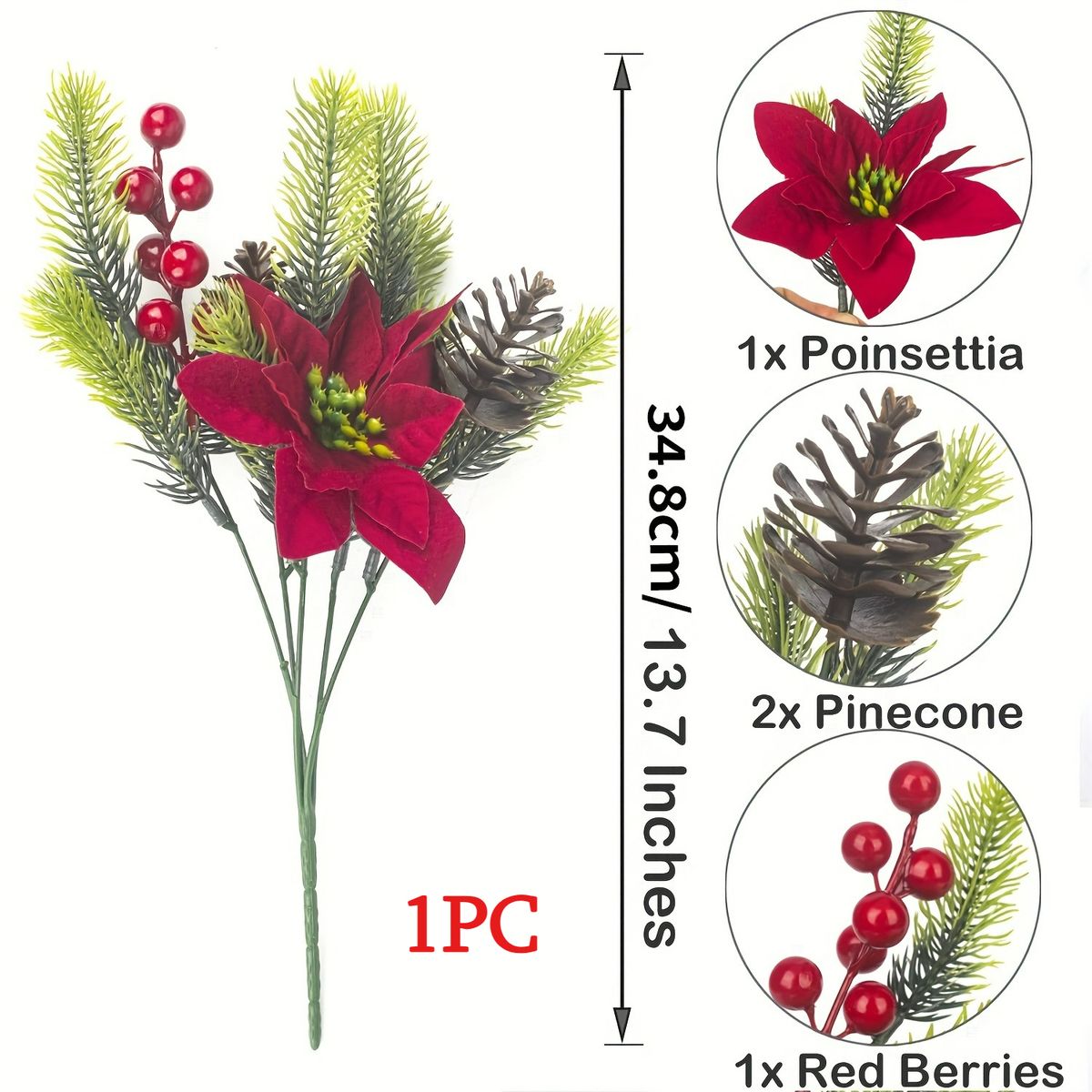 4-teiliges Set künstlicher Blumensträuße, Weihnachtsblumen, Tannenzapfen, rote künstliche Beeren, Stechpalmenzweige für die Weihnachtsfeier_voghion.com