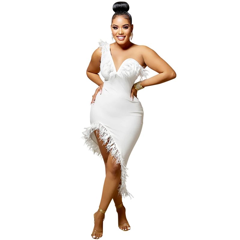 Women's Clothing Solid Color V Neck Sleeveless Chest Wrapped Feather Irregular Mid Skirt Dress_voghion.com