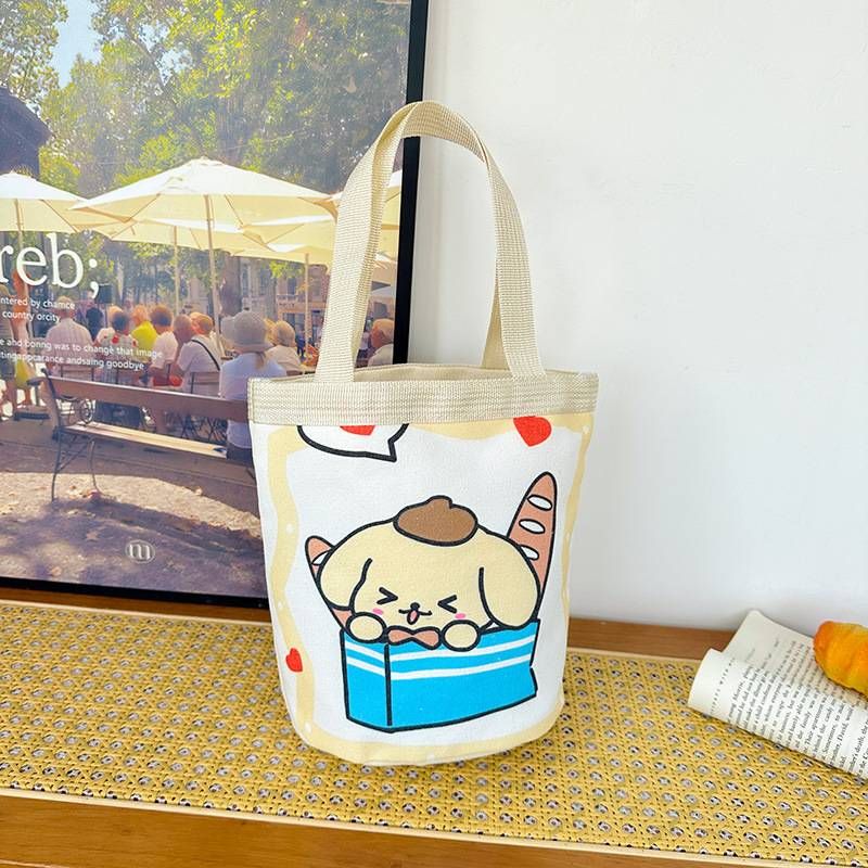 Bucket handheld Korean style girl heart mom lunch bag work small handbag childish graffiti canvas bag Cute Illustration_voghion.com