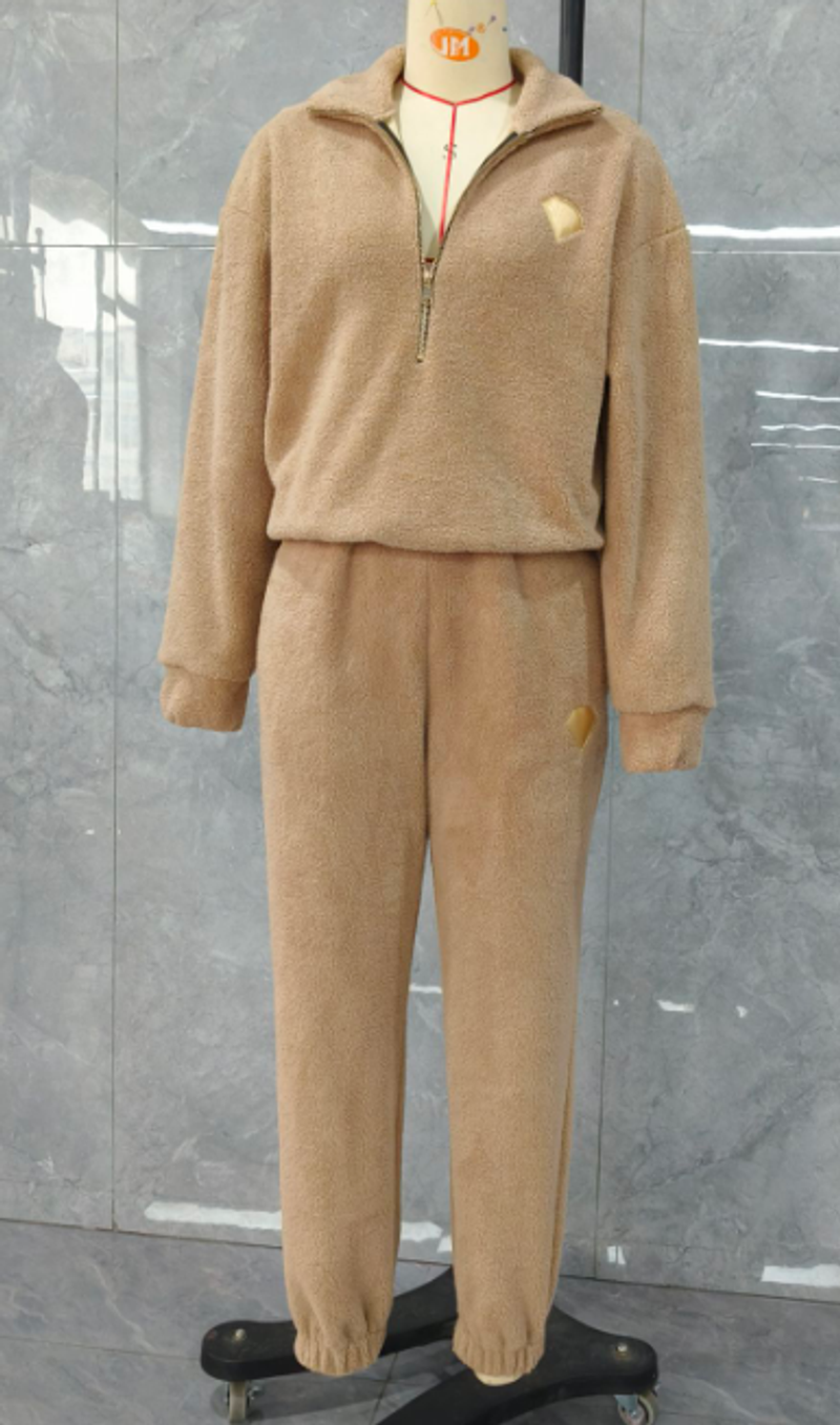 Damenbekleidung Reißverschluss Plüschanzug mit elastischer Taille_voghion.com