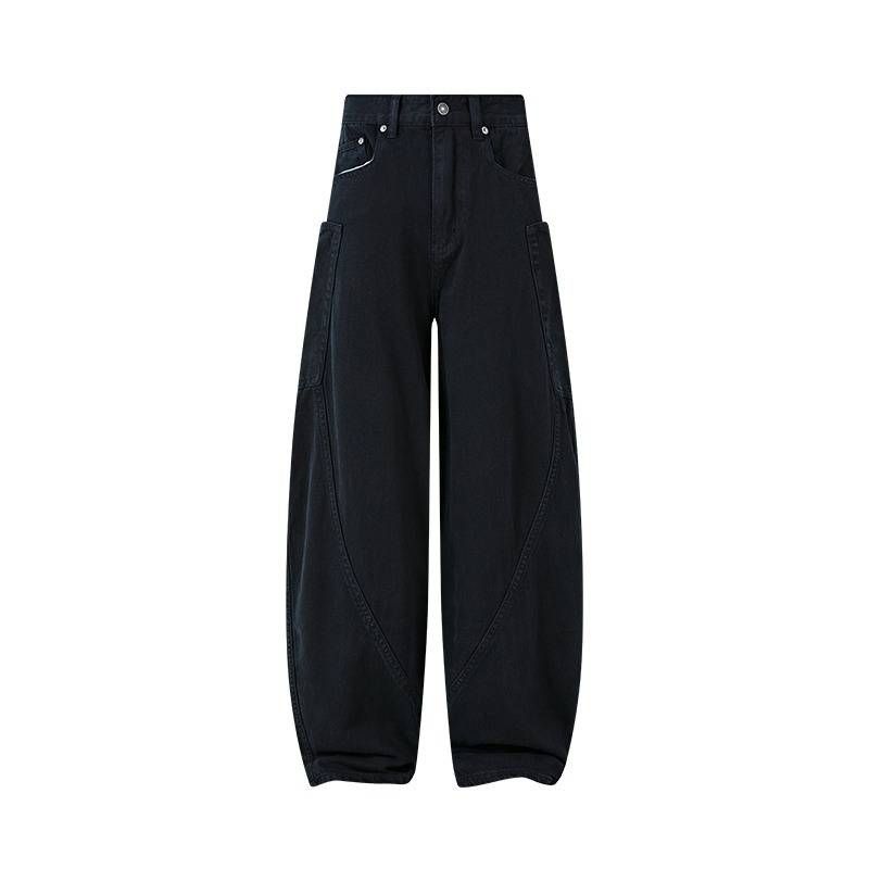 Vaqueros vintage Y2K de corte holgado y lavado para hombre: pantalones holgados de cintura alta y pierna recta con estilo urbano retro (negro y beige)_voghion.com