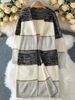 Women's Longline V-Neck Cardigan - Stripe & Color-Block Open Front Knit Sweater (Gray)_voghion.com