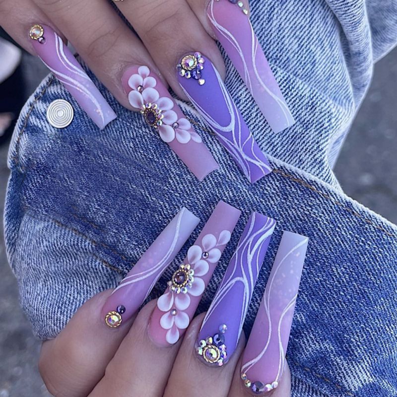 Purple False 24Pcs Nails Long Coffin Press on Nails with Rhinestone Flower Stripe Design Ballet Fake Nails Wea           Rhineste_voghion.com