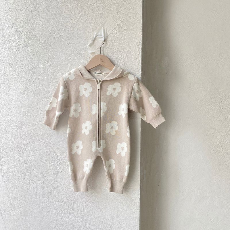 Mother & Kids Baby Autumn And Winter Sweater Jumpsuit For Boys And Girls With Flower Zipper Hoodie Long Sleeves Long Crawling Clothes Knitted Sweater_voghion.com