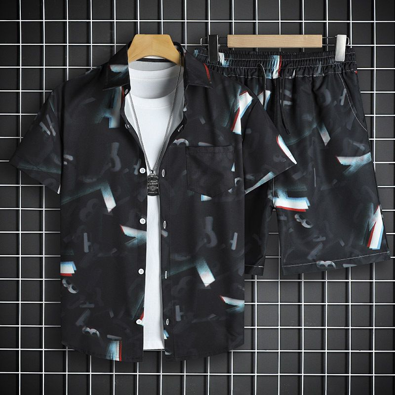 Vêtements pour hommes, style rétro hawaïen d'été, chemise à manches cinq points, costume deux pièces tendance pour hommes et femmes, ample, pour la plage_voghion.com