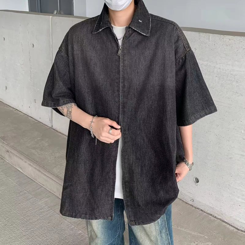 Chemise d'été à manches courtes pour hommes, nouvelle collection 2024, tendance japonaise, chemise en jean dégradé, ample, grande taille, manches cinq points_voghion.com