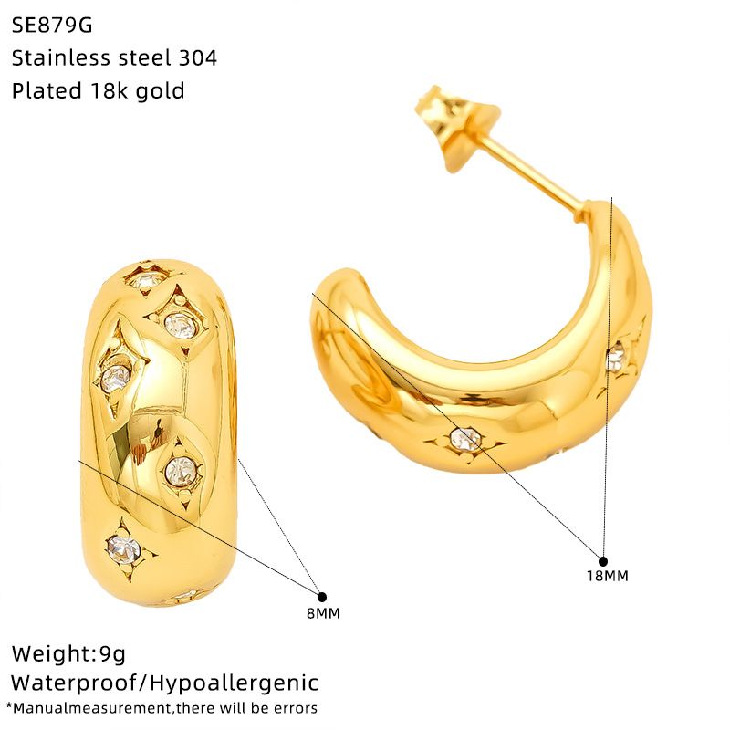 Orecchini unisex alla moda, semplici, leggeri e di lusso, in acciaio inossidabile a forma di C, con zirconio._voghion.com