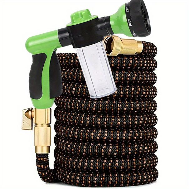 Ein Set aus einziehbarem Gartenschlauch aus Gummi mit US-Standard-3/4-Zoll-Anschlüssen und einer Hochdruck-Wasserpistolendüse._voghion.com