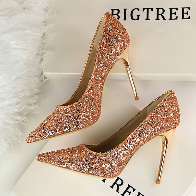 Women's high heels shallow mouth pointy glitter sexy slim nightclub high heels single shoes_voghion.com