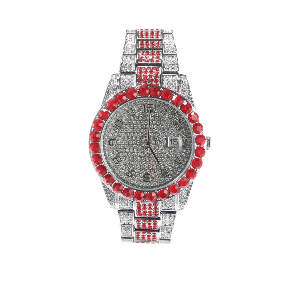 Orologio al quarzo con quadrante rotondo grande, rosso, tempestato di diamanti_voghion.com