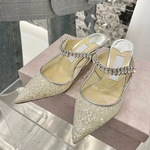 Mules da donna con punta a punta e strass, con cinturino singolo, mules basse da esterno, tacchi alti aperti sul retro_voghion.com