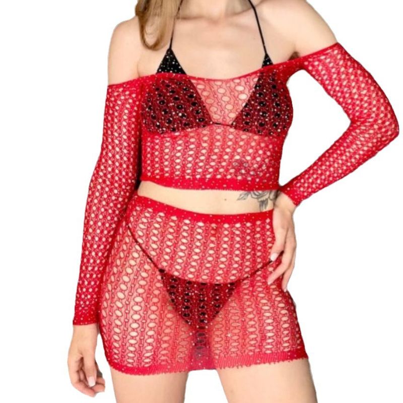 Set di gonne a maniche lunghe con perforazione a caldo da donna, set di 2 pezzi di abbigliamento in rete con glitter divisi_voghion.com