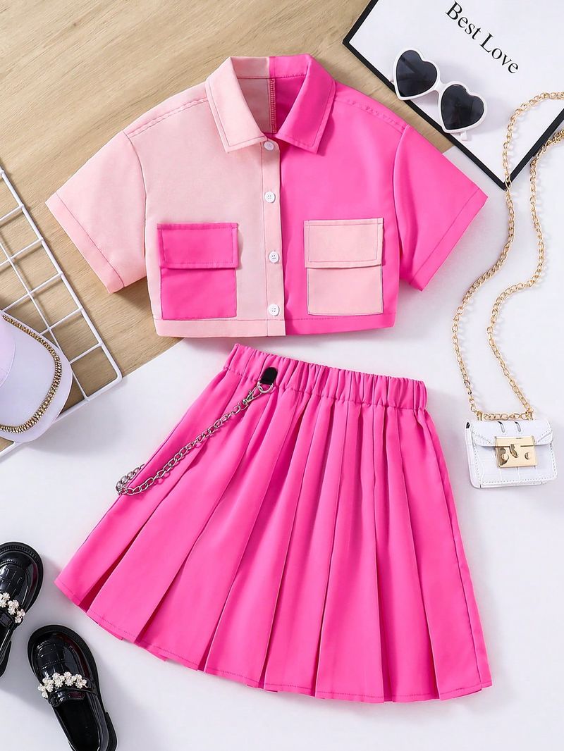 Mère et enfants jeunes filles chemise deux pièces colorée avec jupe plissée et ensemble chaîne_voghion.com