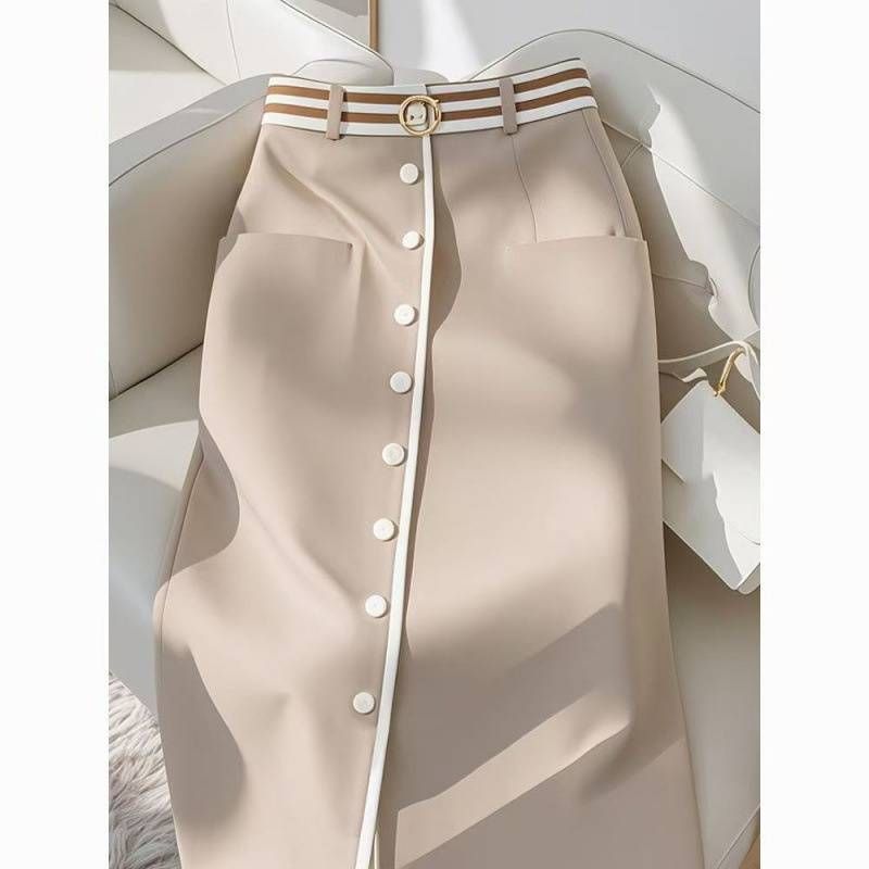 Vêtements pour femmes haut de gamme couvrant le ventre jupe kaki pour femmes nouveau style mode tendance automne_voghion.com