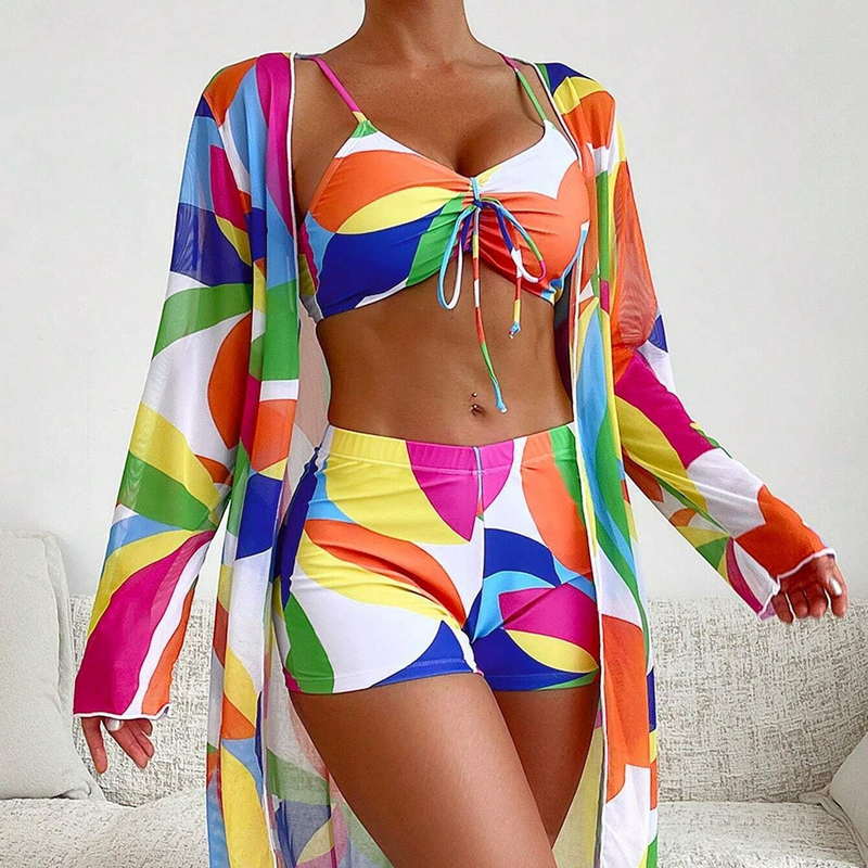 Damenbekleidung Badeanzug Damen Split Dreiteiliges Set Hohe Taille Langarm Netz Promi Anzug Bluse Sexy Bikini_voghion.com