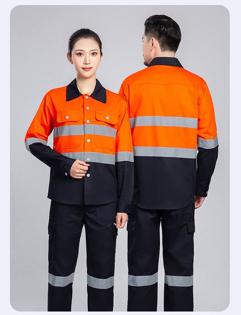 Herenkleding Fluorescerend oranje Puur katoen Reflecterende werkkleding Overhemd Revers Ademend gaas Arbeidsbeschermende kleding_voghion.com