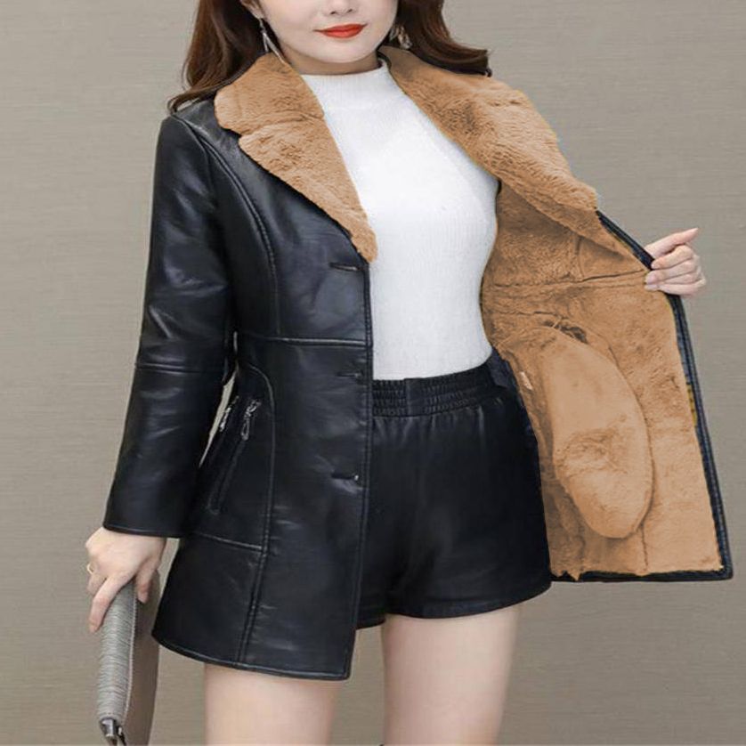 Damenbekleidung Herbst- und Winterlederjacke plus Samtverdickung mittlere Länge koreanische Version neues Temperament Slim Fit Taille Pu-Jacke trendig_voghion.com