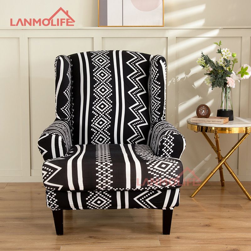 Elastic Wingback Chair Slipcover - Vintage European Style Stretch Sofa Cover For Single Armchair, Full Coverage Anti-Slip Fitting_voghion.com