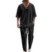 Men's Clothingautumn casual solid color V neck pullover short sleeved drawstring pocket design tapered trousers suit_voghion.com