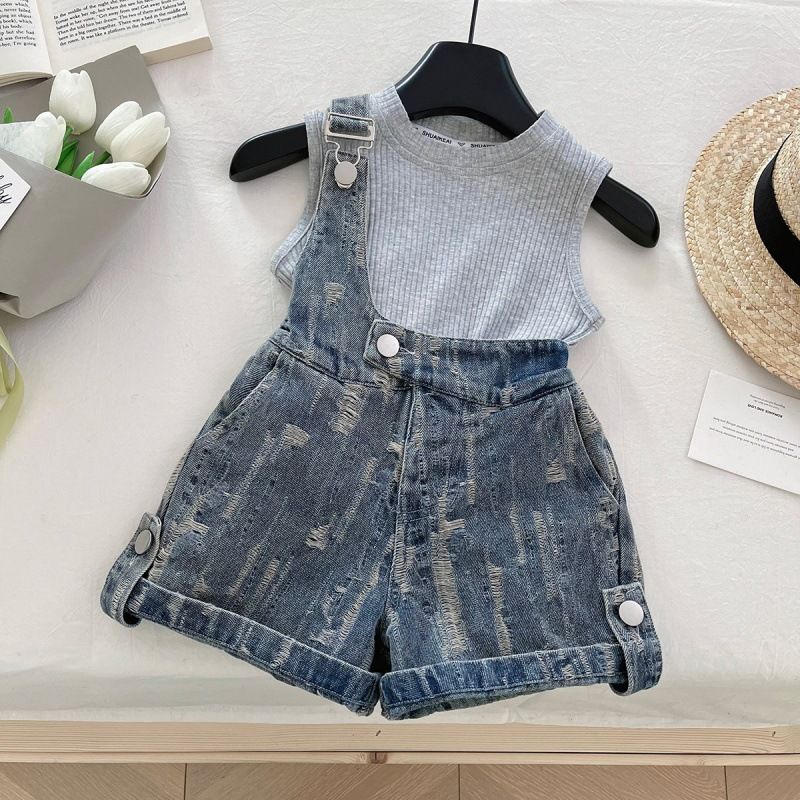 Kids’ Clothing Girls Summer New Suit Sleeveless Top Plus Printed Denim Shorts Two Piece Suit Baby Girl Fashion Suit_voghion.com