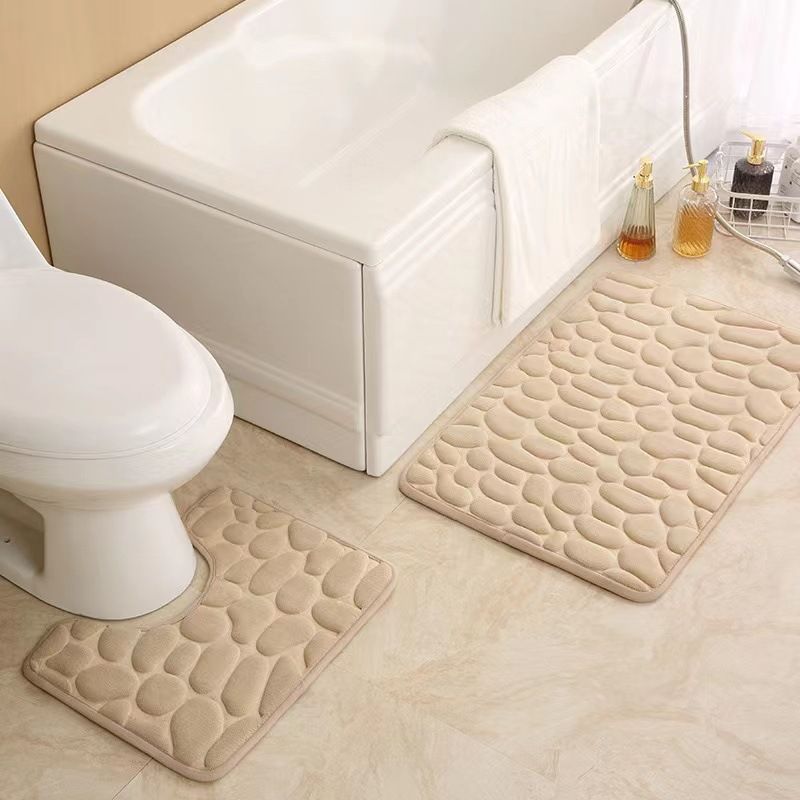 Pebble-Pattern Bathroom Mat Set - U-Shaped Toilet Rug With 3-Piece Non-Slip Coral Fleece Mats (Fast Absorbing Easy Clean Waterproof 24"X16")_voghion.com