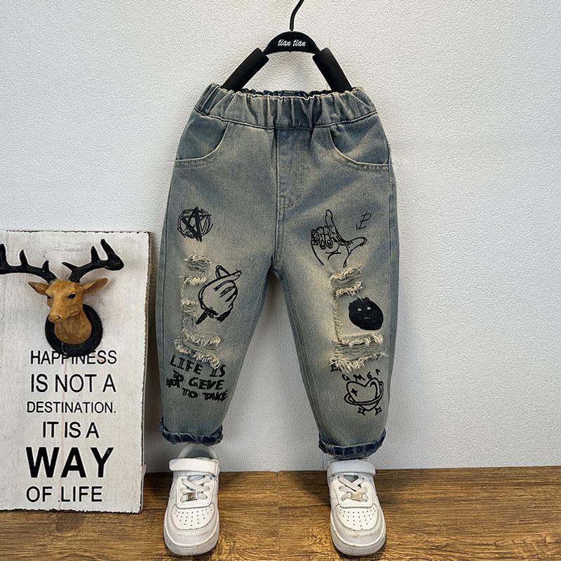 Mother & Kids Children's clothing boys jeans 2024 new children's spring clothing stylish boys spring and autumn casual ripped trousers trendy loose_voghion.com