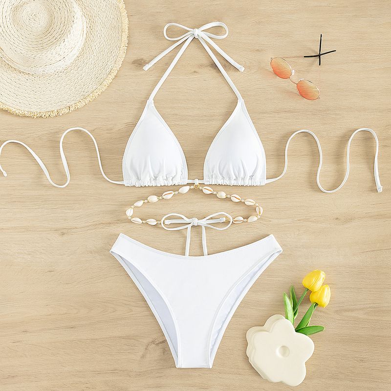 Women's Clothing Swimsuit Bikini Women's Solid White Sexy Halter Neck Lace Up Swimsuit_voghion.com
