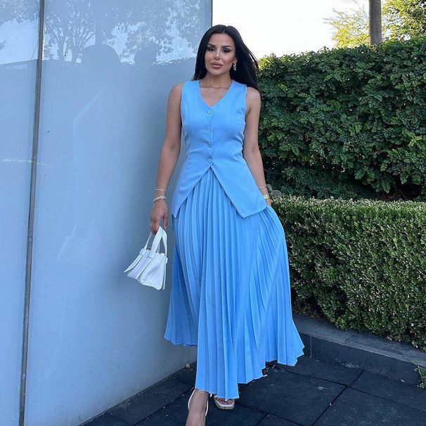 Γυναικεία Ρούχα Κοστούμια για Γυναίκες Καλοκαιρινά Αμάνικα Γιλέκο με Σκίσιμο Μονόχρωμο Μεγάλη Πλισέ Φούστα Γυναικεία Ρούχα Δύο Τεμαχίων Καλοκαιρινά_voghion.com