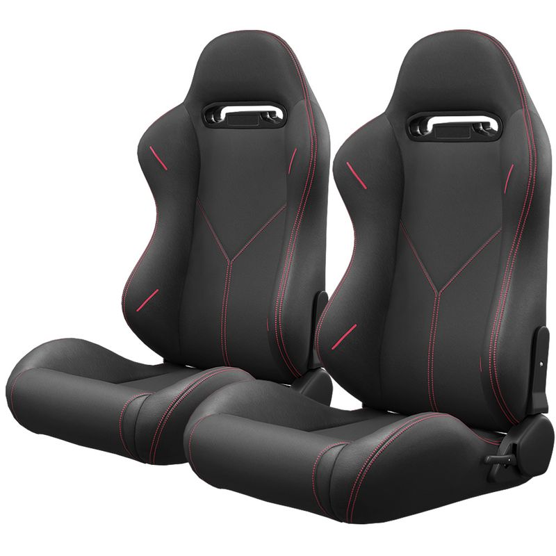 2PC Universal Bucket Racing Seats Red  Red PVC Leather Reclinable Carbon Look Leather Back With Adjustor Slider(Not Including Seat Bracket ) 1 b_voghion.com