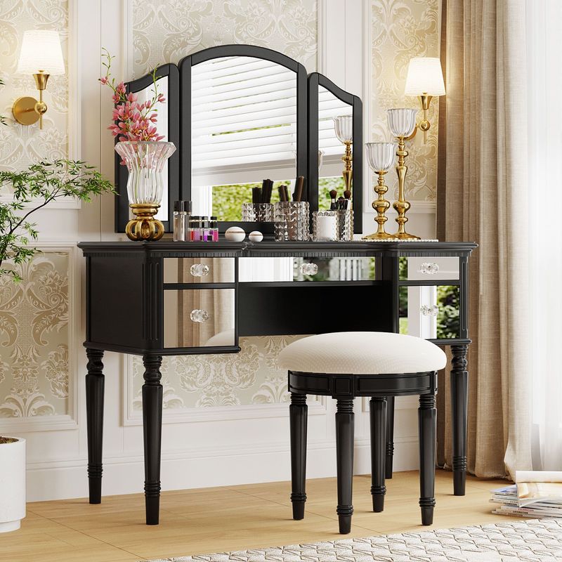 43" Dressing Table Set With Mirrored Drawers And Stool, Tri-fold Mirror, Makeup Vanity Set For Bedroom, Black_voghion.com