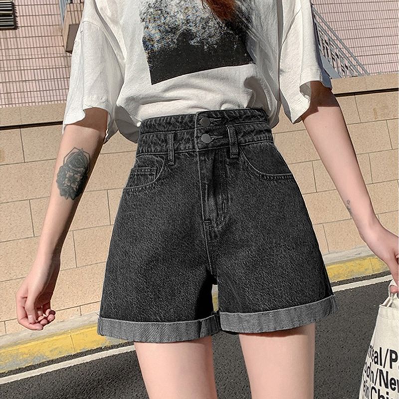 Denim shorts for women with high waisted summer 2024 new Instagram slimming curly hem loose A-line student wide leg_voghion.com