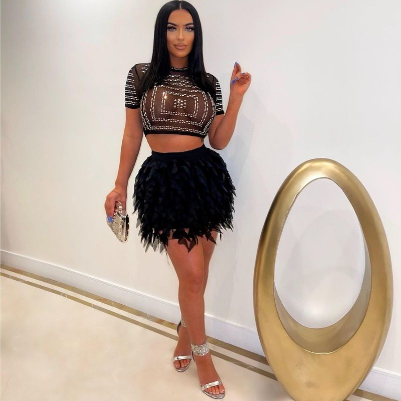 Vêtements pour femmes sexy slim transparent à travers le costume deux pièces en diamant chaud vêtements de discothèque_voghion.com