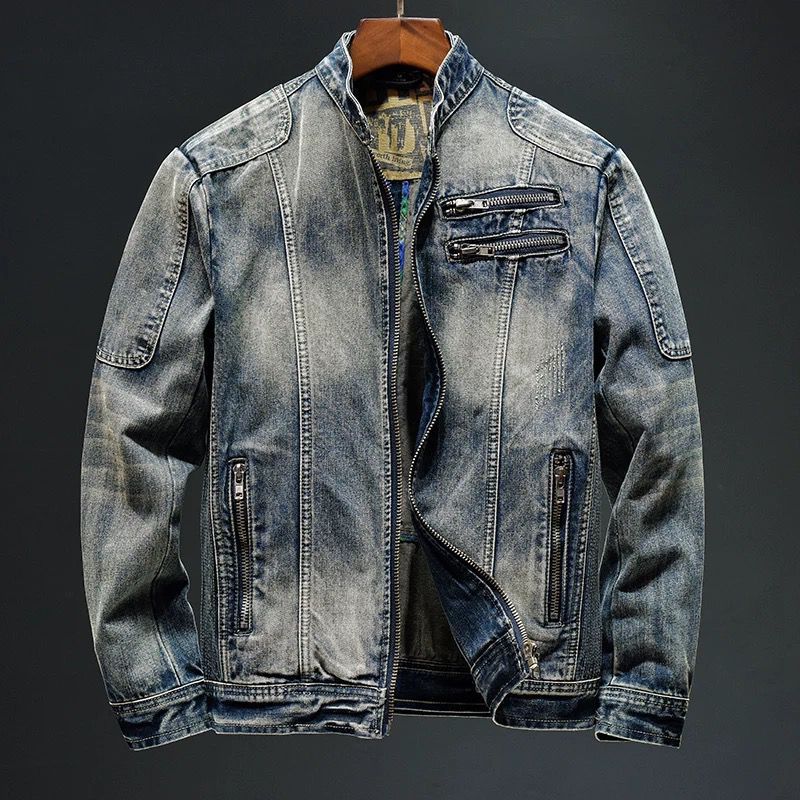 Motorcycle denim jacket men's stand up collar zipper jacket Spring and Autumn new retro jacket_voghion.com