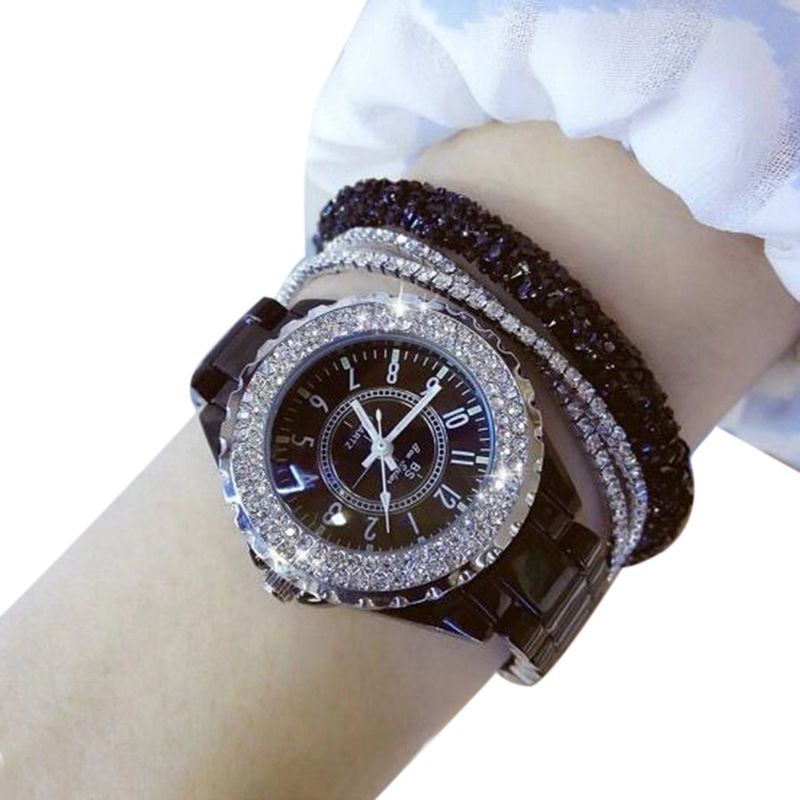 Yamaler Stilfuld Rhinestones Keramik Band Kvinder Runde Analog Quartz Armbåndsur Gave_voghion.com
