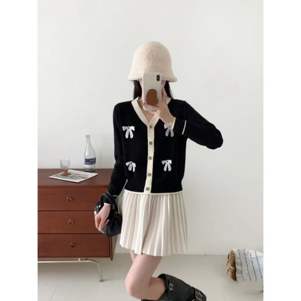 Moda 2024 outono e inverno novo item pequeno estilo perfumado cardigan de malha feminino suéter jaqueta arco coreano_voghion.com